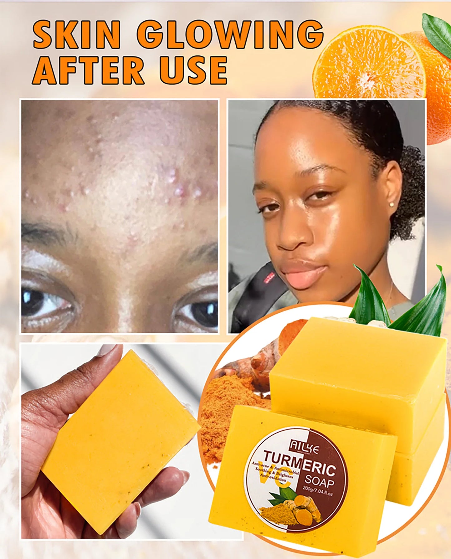 AILKE Natural Turmeric Soap for Face & Body & Hands, Lighten, Clean Stains, Brighten Skin Tone, Reduce Various Spots