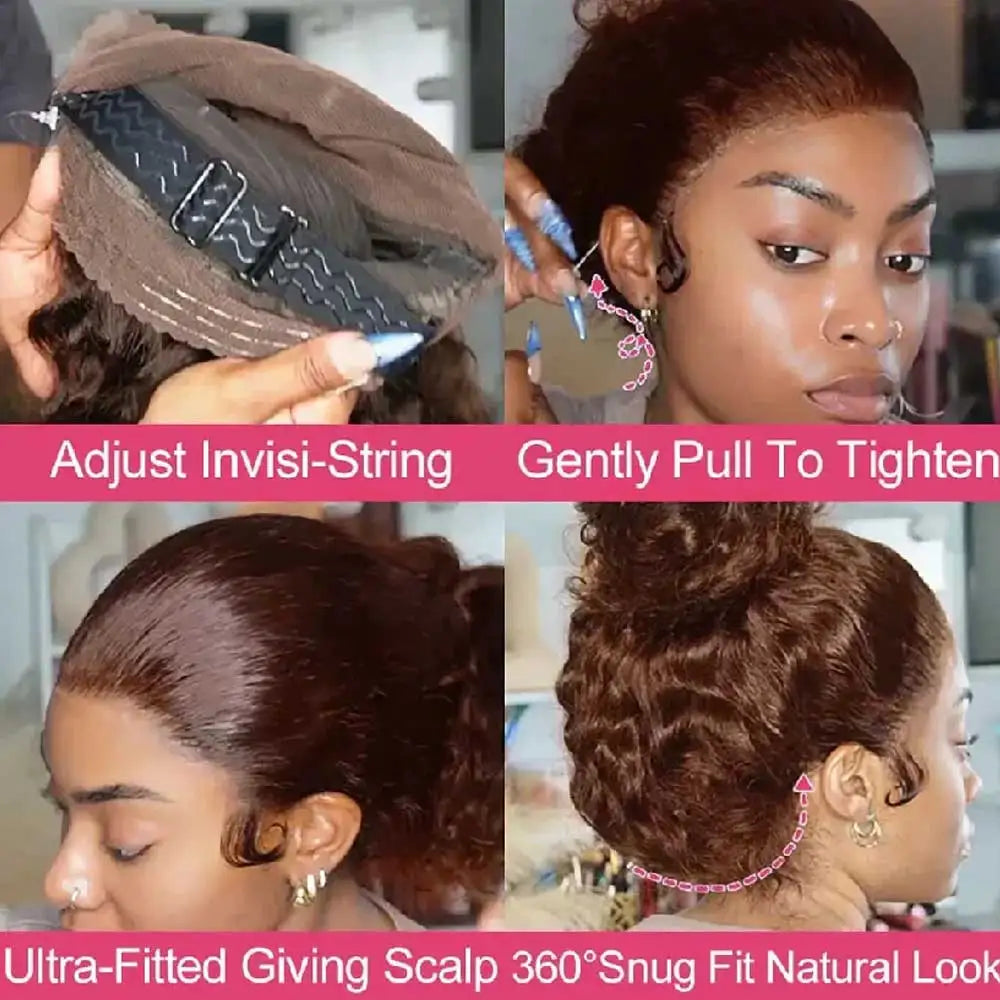 Invisible Strap 360 Full Lace Glueless Wig Hidden Water Wave Lace Front Wig Human Hair Chocolate Brown Deep Wave Frontal Wig