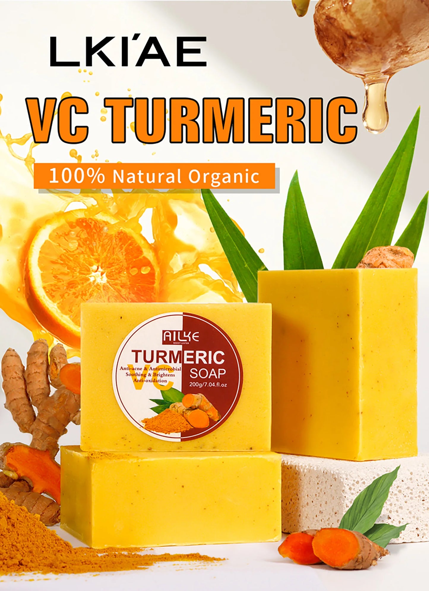 AILKE Natural Turmeric Soap for Face & Body & Hands, Lighten, Clean Stains, Brighten Skin Tone, Reduce Various Spots