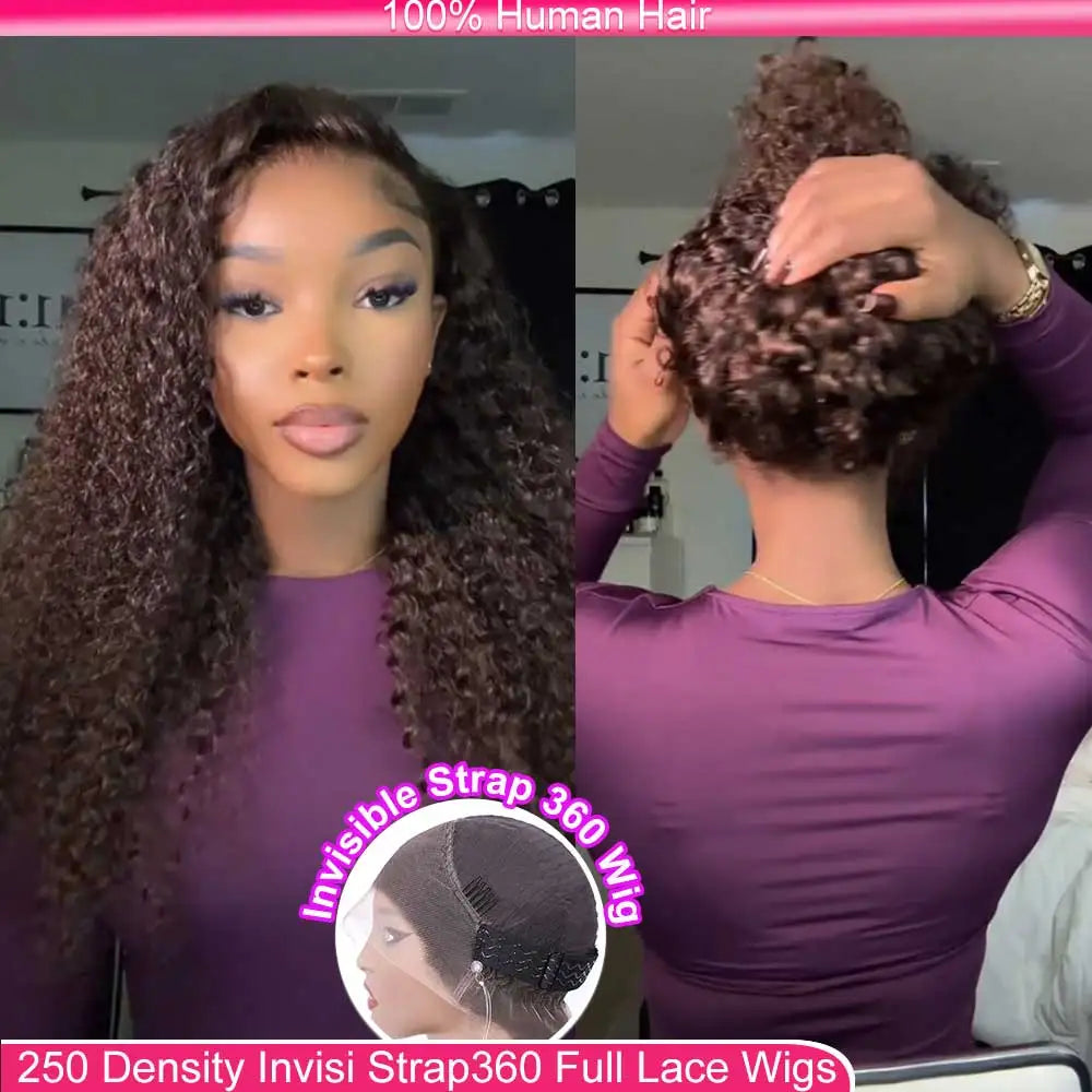 Invisible Strap 360 Full Lace Glueless Wig Hidden Water Wave Lace Front Wig Human Hair Chocolate Brown Deep Wave Frontal Wig