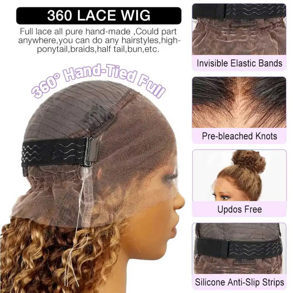 Invisible Strap 360 Full Lace Glueless Wig Hidden Water Wave Lace Front Wig Human Hair Chocolate Brown Deep Wave Frontal Wig