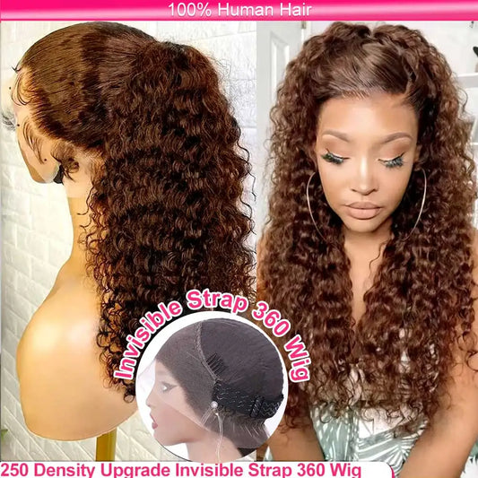 Invisible Strap 360 Full Lace Glueless Wig Hidden Water Wave Lace Front Wig Human Hair Chocolate Brown Deep Wave Frontal Wig
